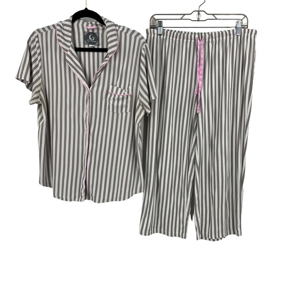 PJ Couture White Gray Striped Pink Lace Short Sleeve Set Light Women's XL READ - Picture 1 of 10